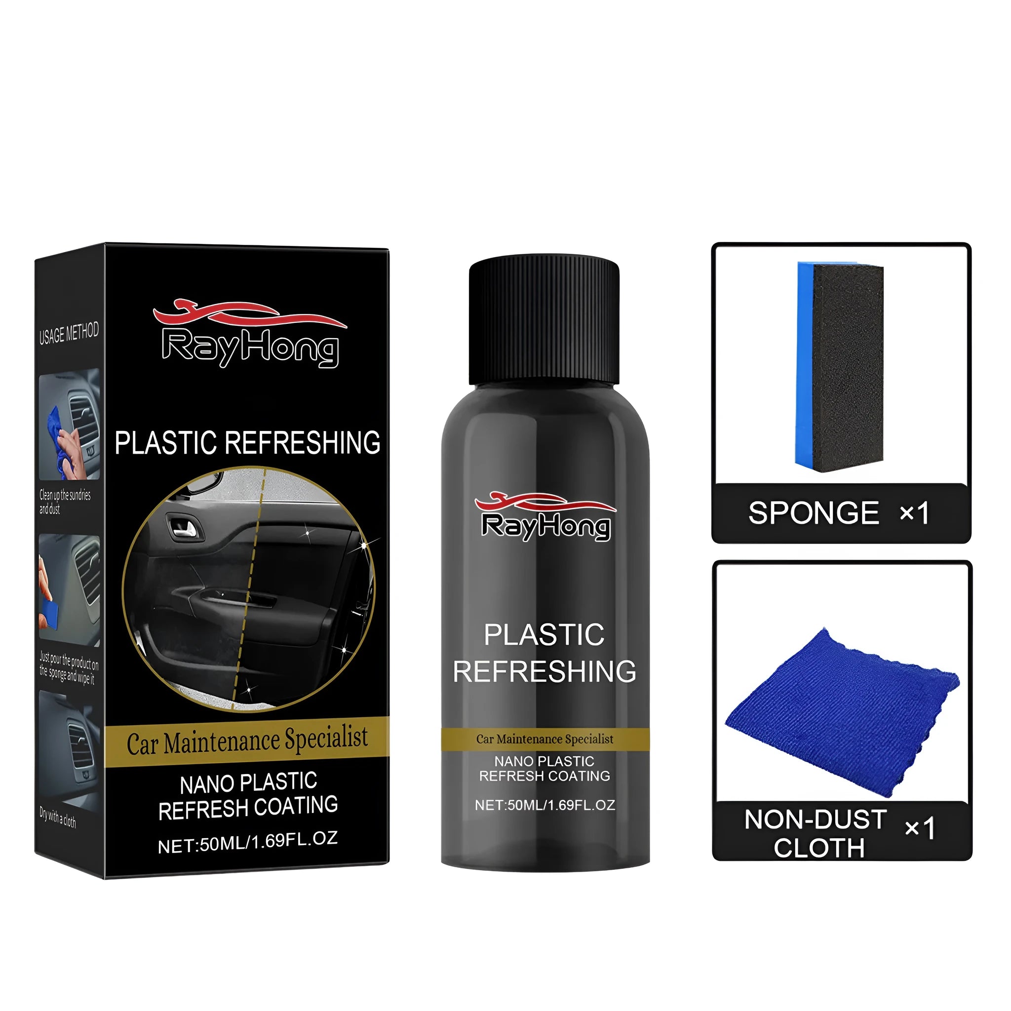 Nano Plastic Refresh Coating kit with bottle, sponge, and towel for plastic surface restoration.