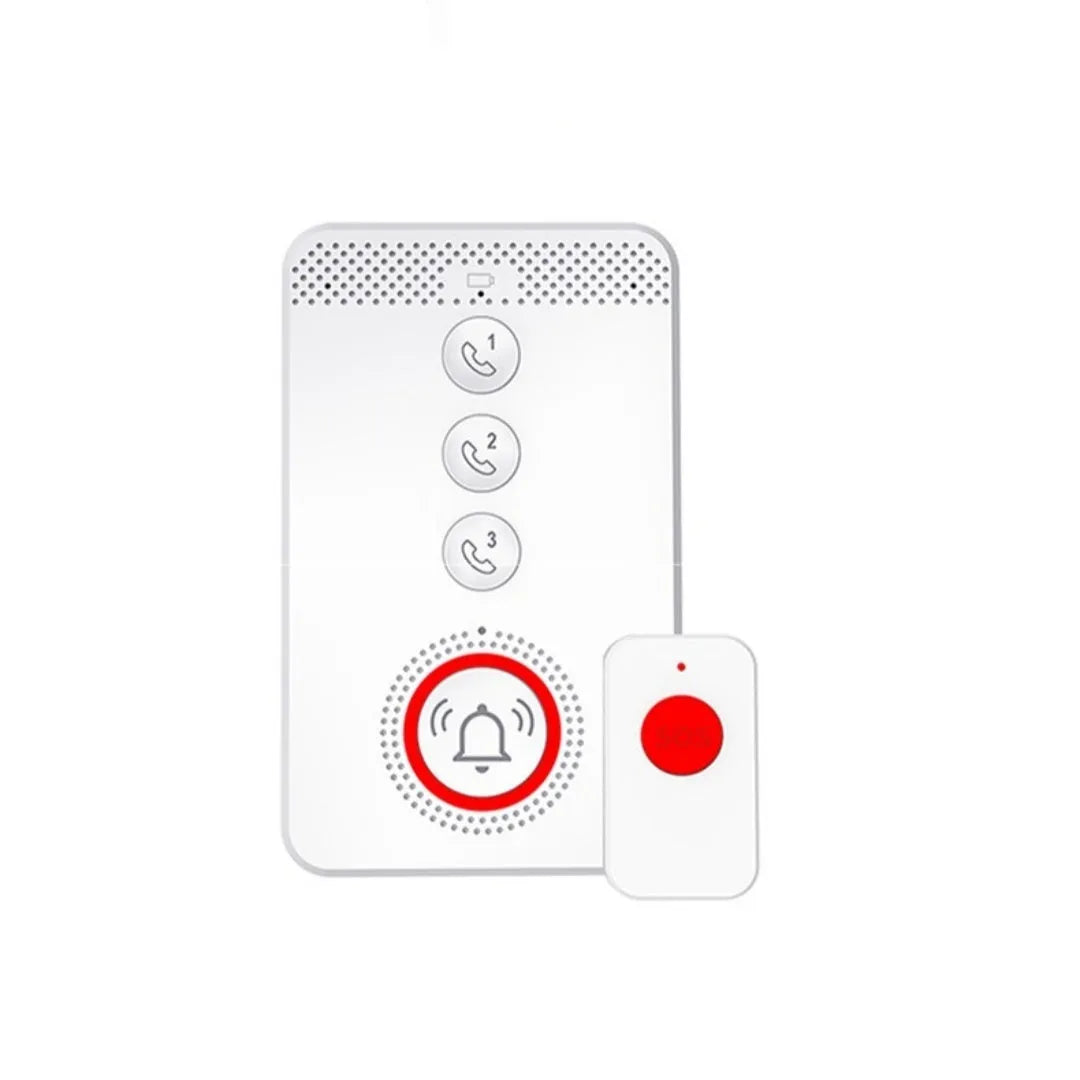 White one-touch voice emergency alert device with a central buzzer and three separate call buttons.