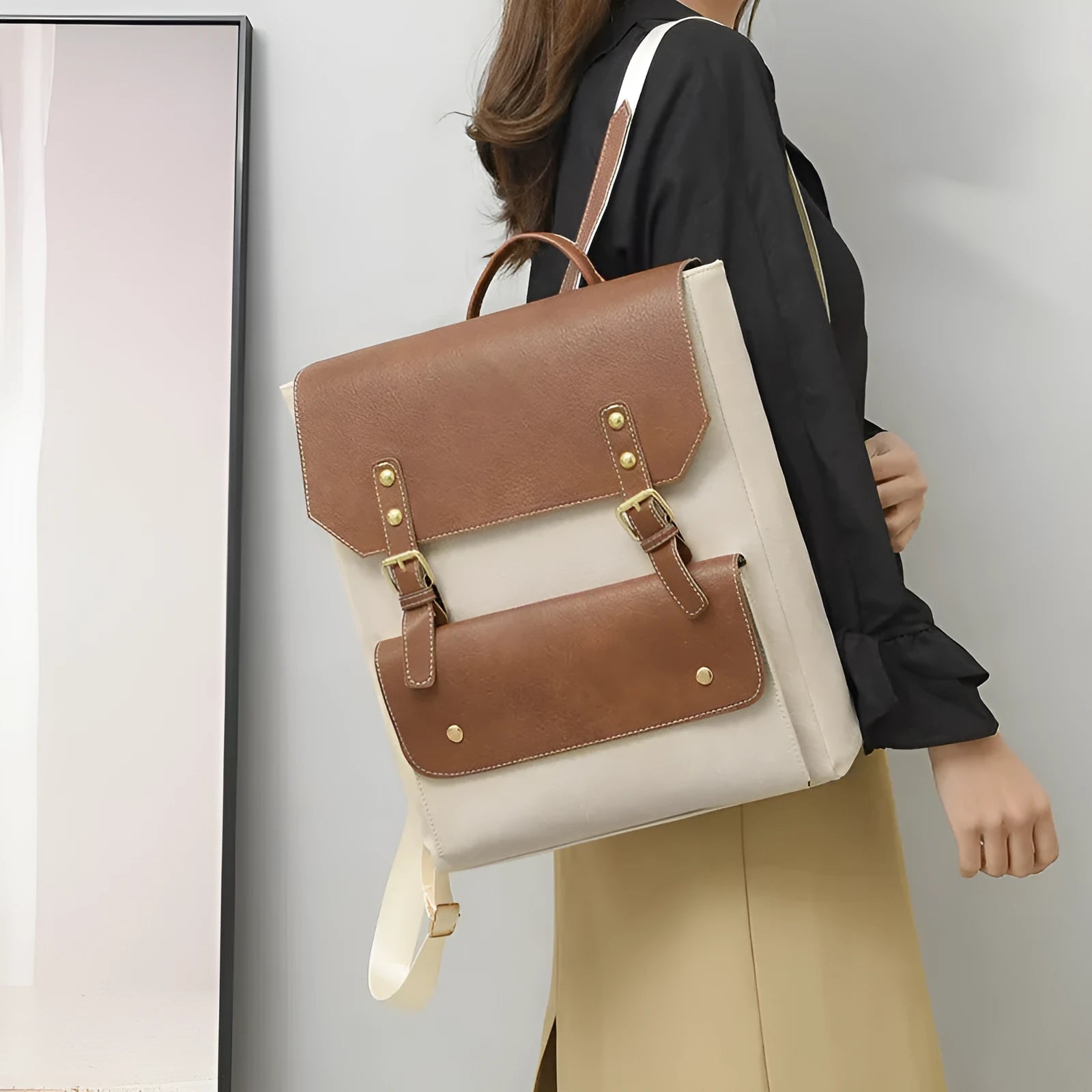 Soft retro style PU backpack shown in black, brown, creamy white, and dark brown colours