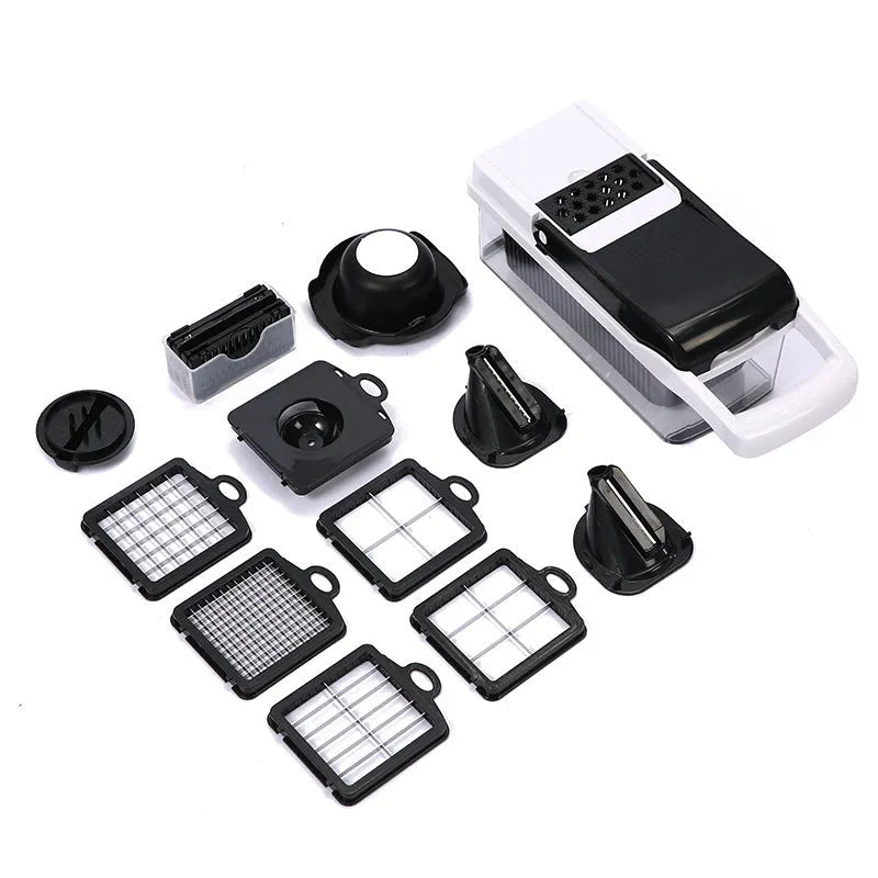 Multipurpose plastic vegetable cutter with 7 blades, drain basket and cleaning brush in black
