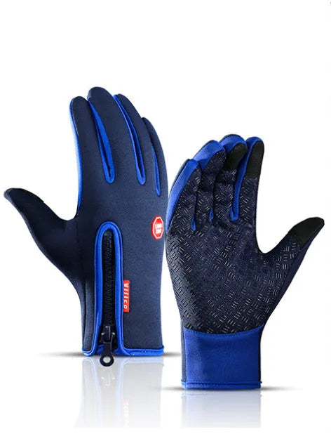 Pair of winter touch screen riding gloves in blue with polar fleece lining and antiskid grip for motorcycle use