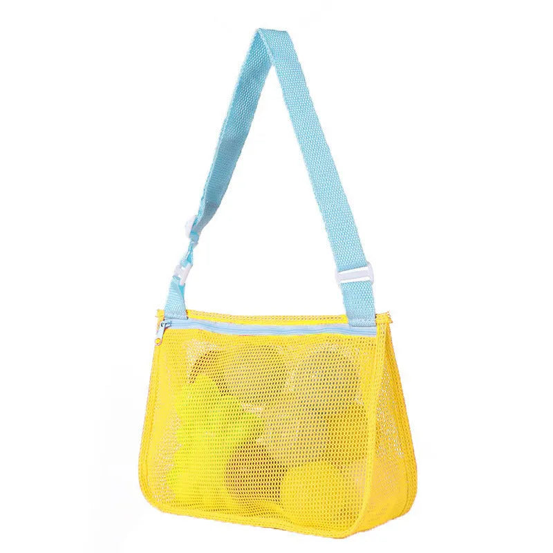 Blue nylon mesh travel storage bag with zip closure for children's toys and clothes