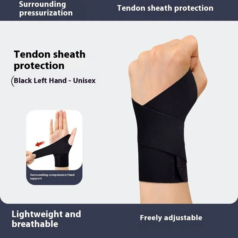 Adjustable breathable athletic wristguard in black, shown on a wrist.