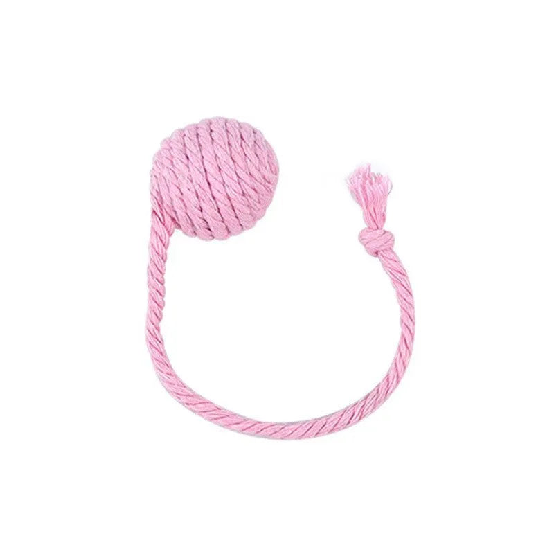 Colourful cat toy ball with rope attachment and built-in bell for interactive pet play