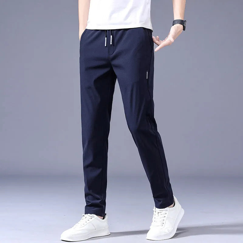 Men's loose straight drawstring sweatpants in khaki, summer casual thin trousers Korean version