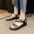 Women's silver Korean-style flat sandals with rhinestone sequins and an elastic band.