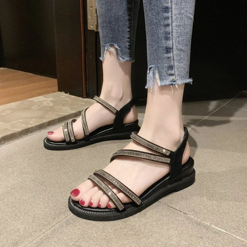 Women's silver Korean-style flat sandals with rhinestone sequins and an elastic band.