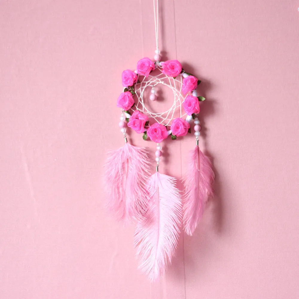 Pink dreamcatcher wind chime wall decoration with ostrich feathers, 10cm diameter