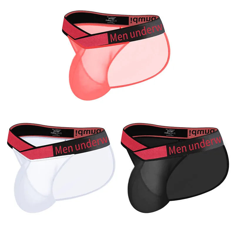 Men's black ice silk briefs showing large V gradient design and low waist.