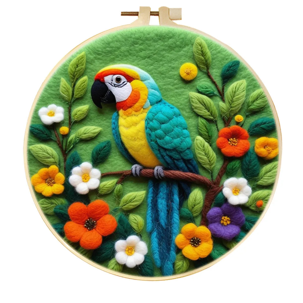 Round linen embroidery frame with wool felt floral decoration kit for three-dimensional wall art