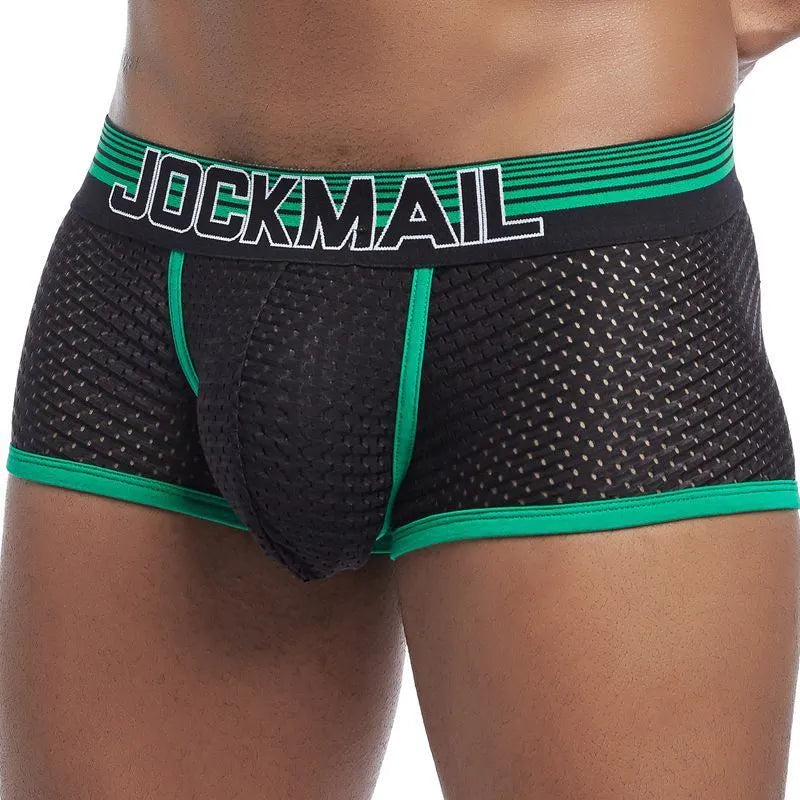 Men's nylon mesh boxer shorts with U convex design, middle waist, available in blue, green, red, and yellow