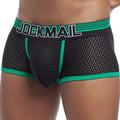 Men's nylon mesh boxer shorts with U convex design, middle waist, available in blue, green, red, and yellow