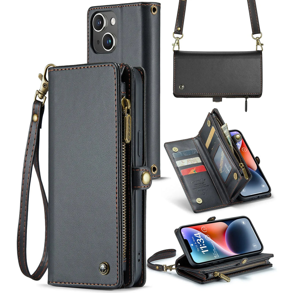 Wallet phone case in black imitation leather with card slots, bracket, and lanyard, designed for iPhone 12 to 15 series