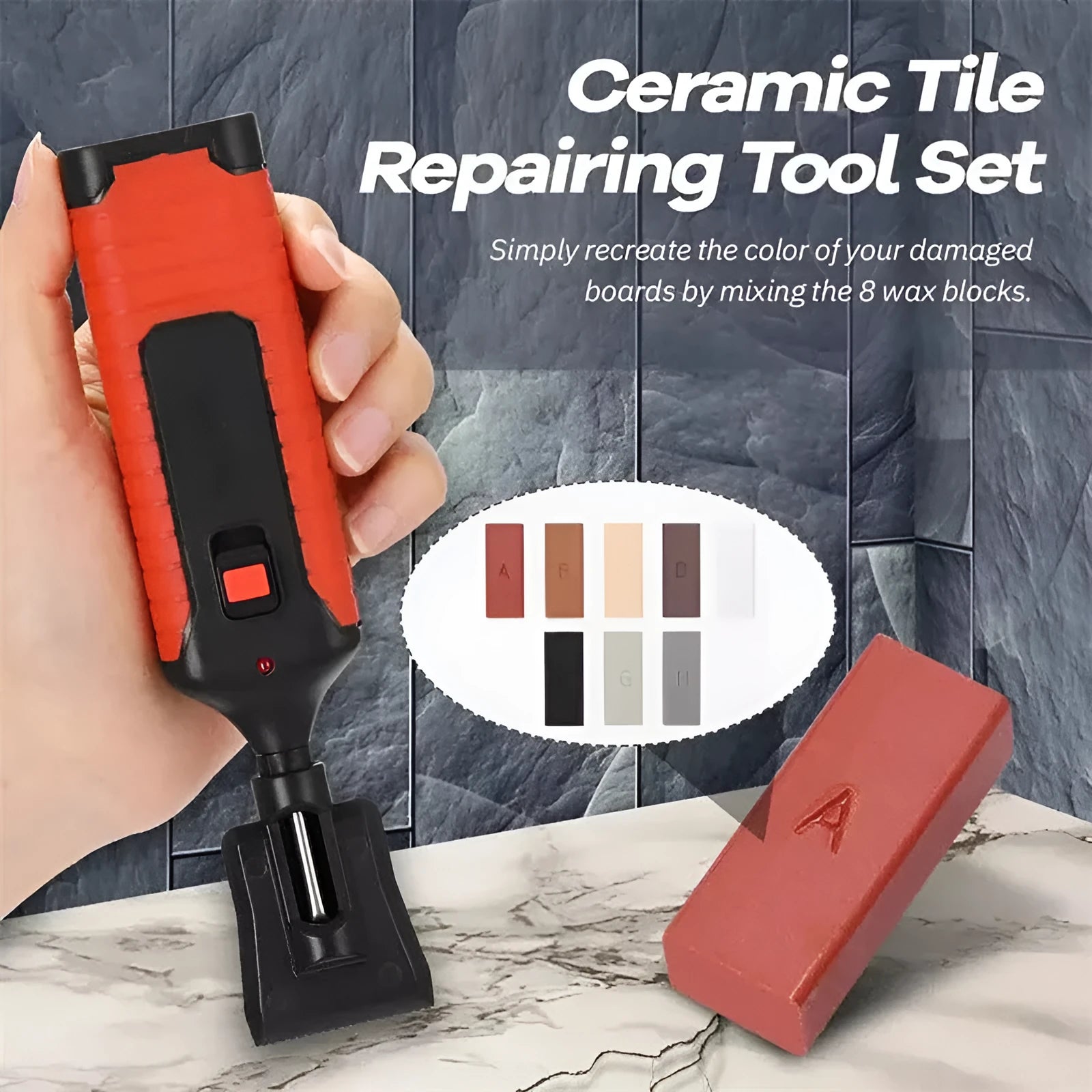 Floor repair tool kit with plastic handles and wax sticks for tile restoration