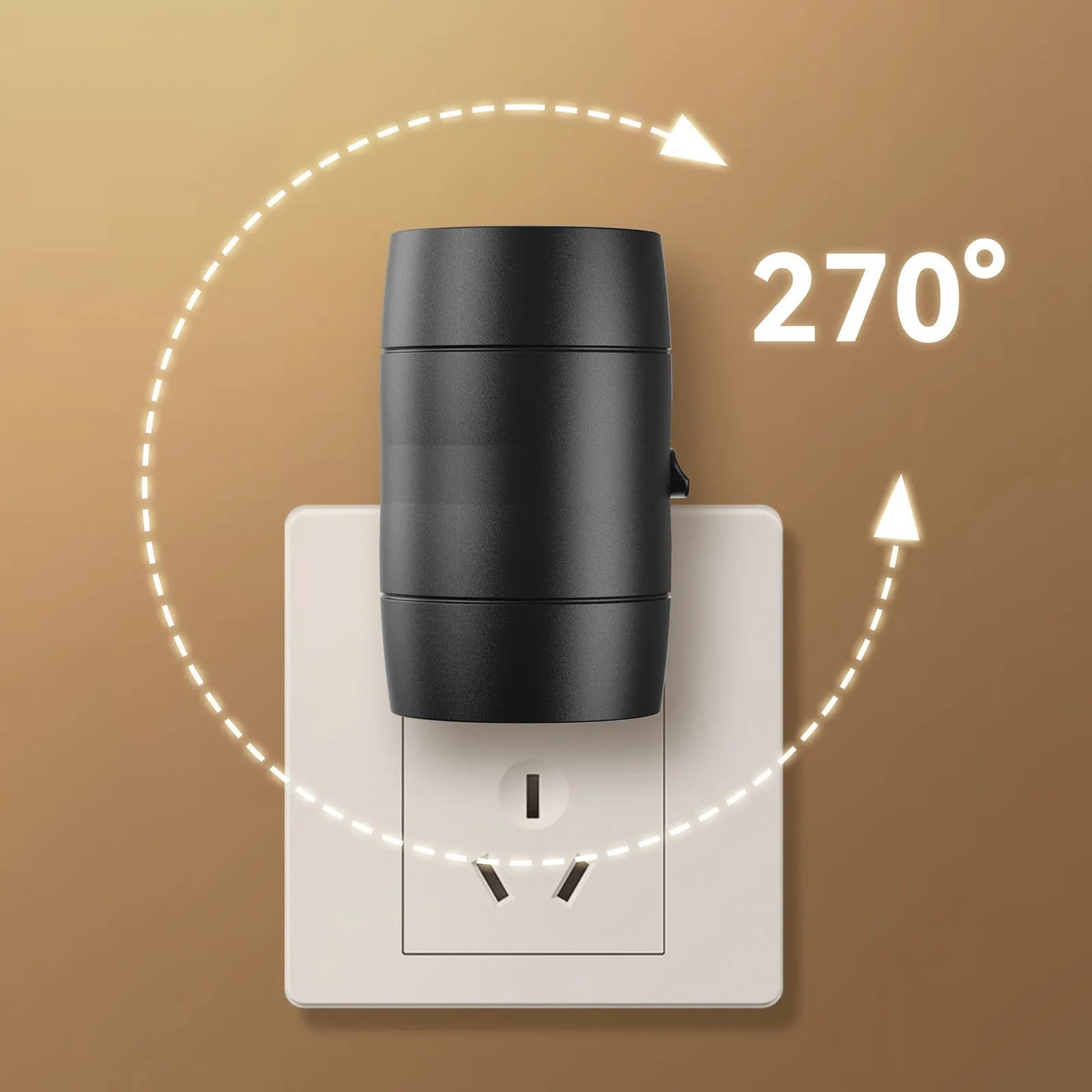 Small white plug-in night lamp with adjustable dial and rotatable light head on a grey background.