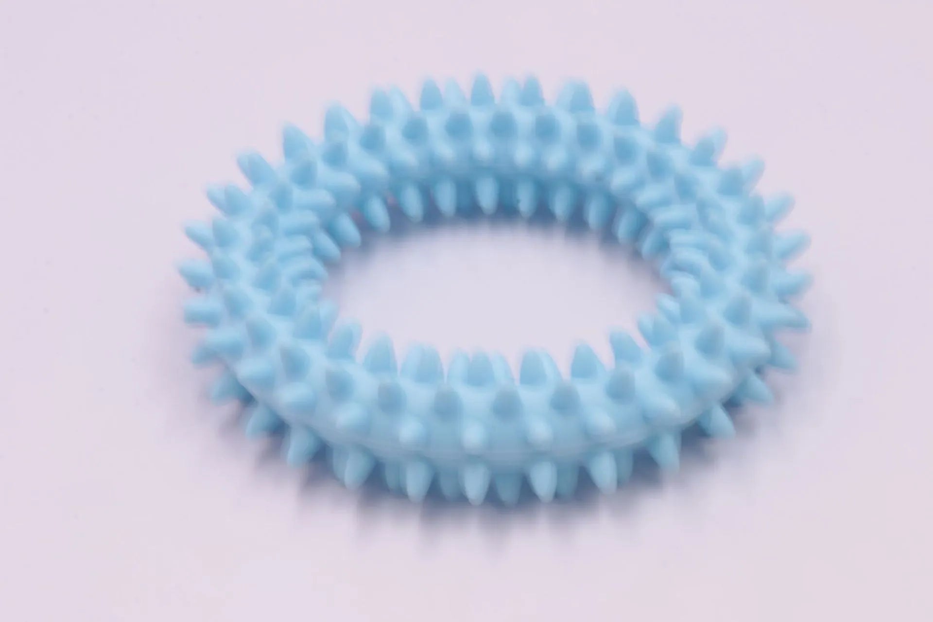Blue TPR spiky ring dog chew toy for dental care and bite training, 9.5cm diameter.