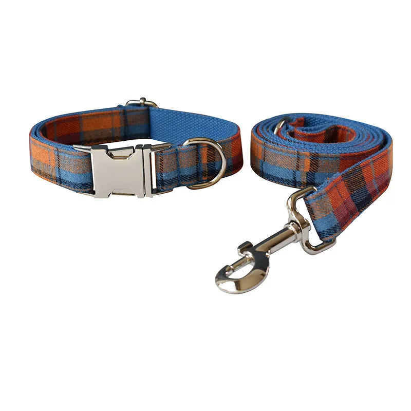 Blue velvet plaid pattern dog collar with an alloy metal buckle on a white background