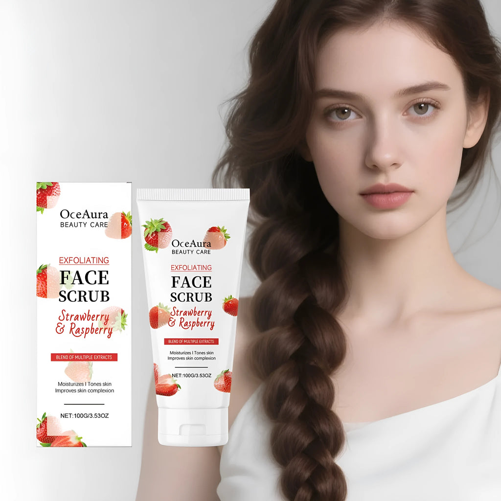 Exfoliating facial scrub in a tube with strawberry and pecan shell powder ingredients