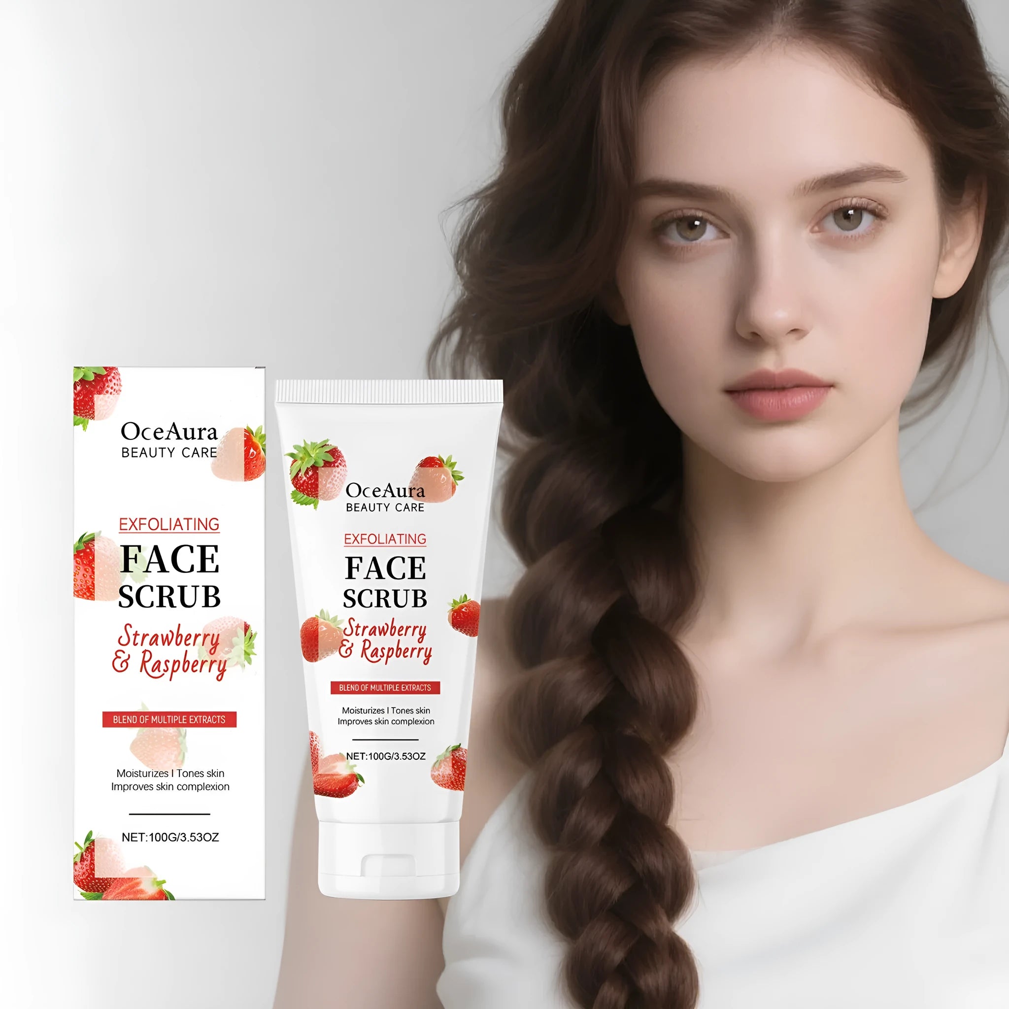 Exfoliating facial scrub in a tube with strawberry and pecan shell powder ingredients