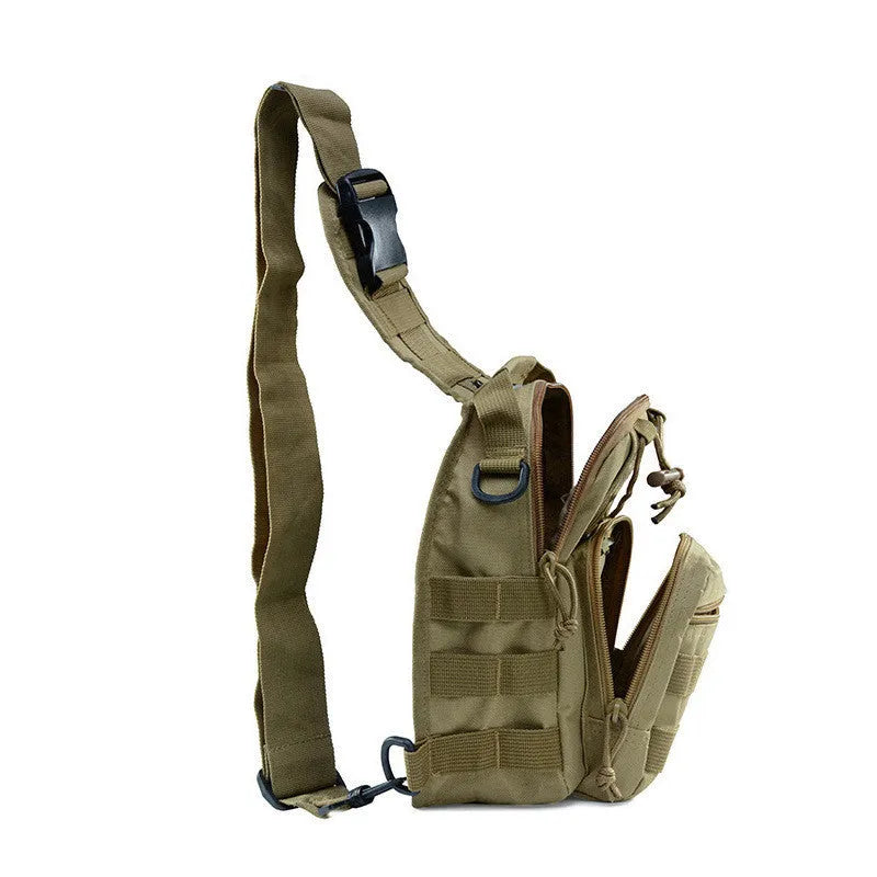 Small military tactical backpack with MOLLE webbing and camouflage design.