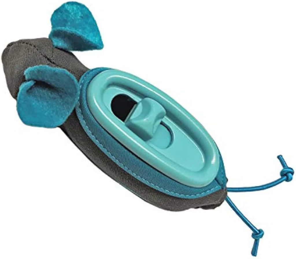 Blue Nteractive Indoor Treat Dispenser Mouse Toy with fabric outer skin and removable inner plastic feeder