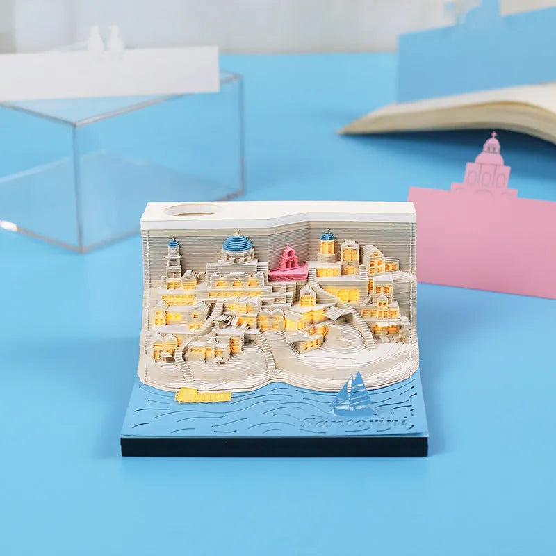 Santorini 3D paper carving notepad building model with lighting decoration showing beach scene design