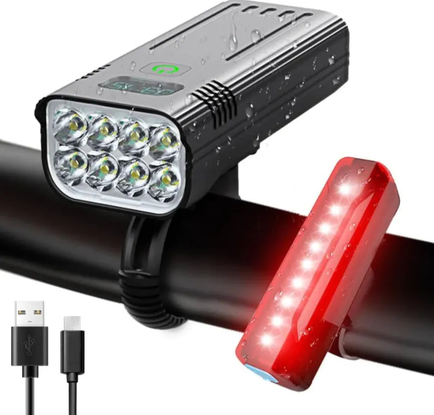 Black KX12DF digital display bicycle headlight with USB port mounted on a 360-degree bracket.