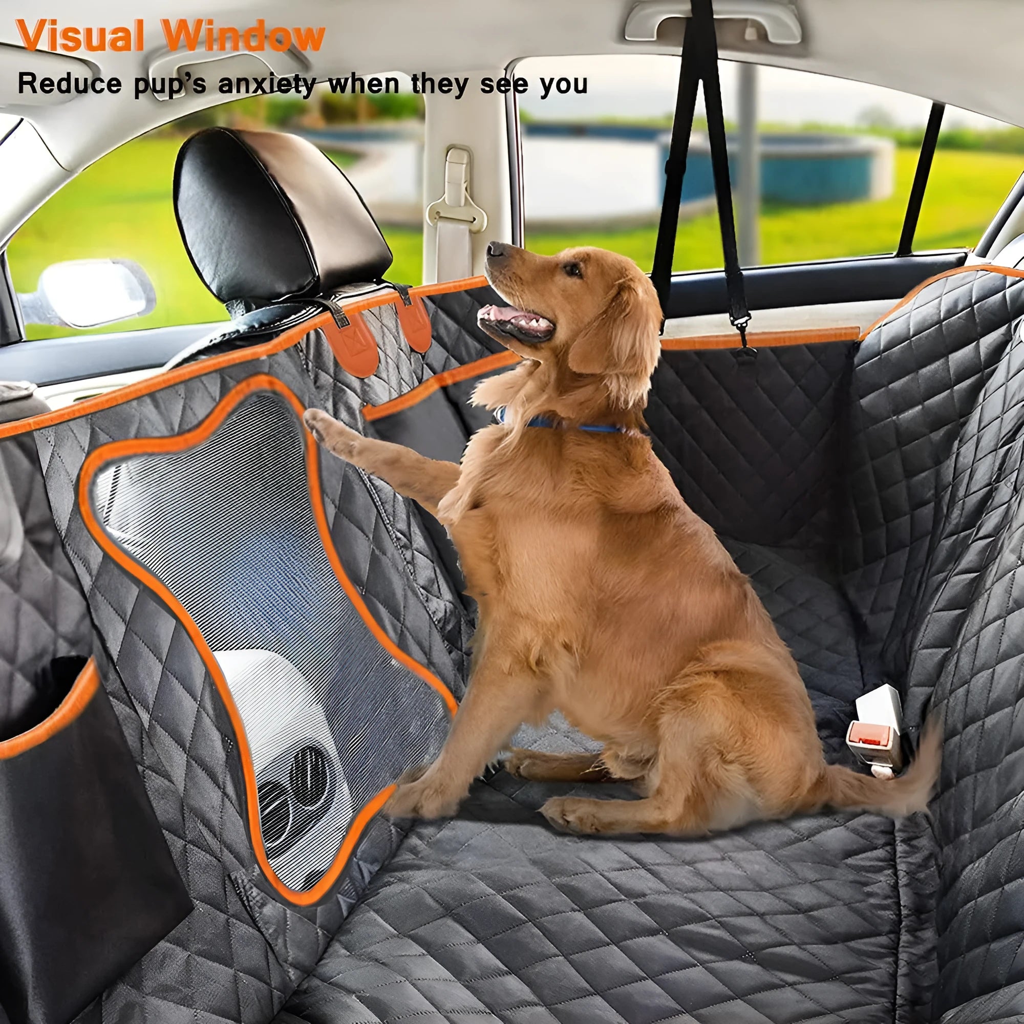 Black and orange waterproof dog car seat cover mat on a vehicle rear seat.