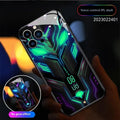 Racing car creative style light glass phone case in green or purple, half pack design for iPhone 11 to 15 series