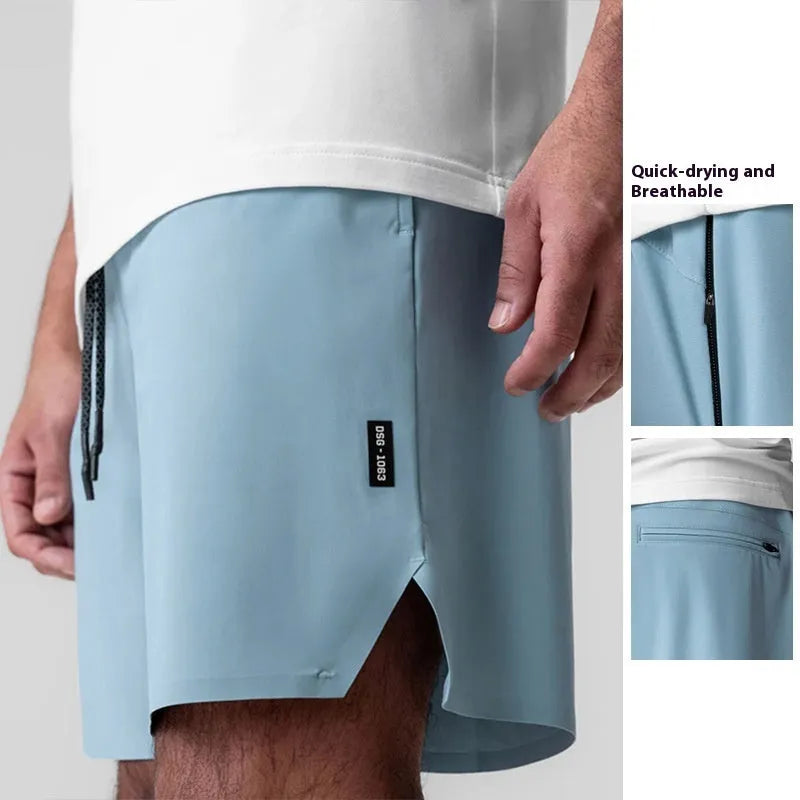 Men's grey seamless polyester sports shorts with elastic waist, shown front and back.