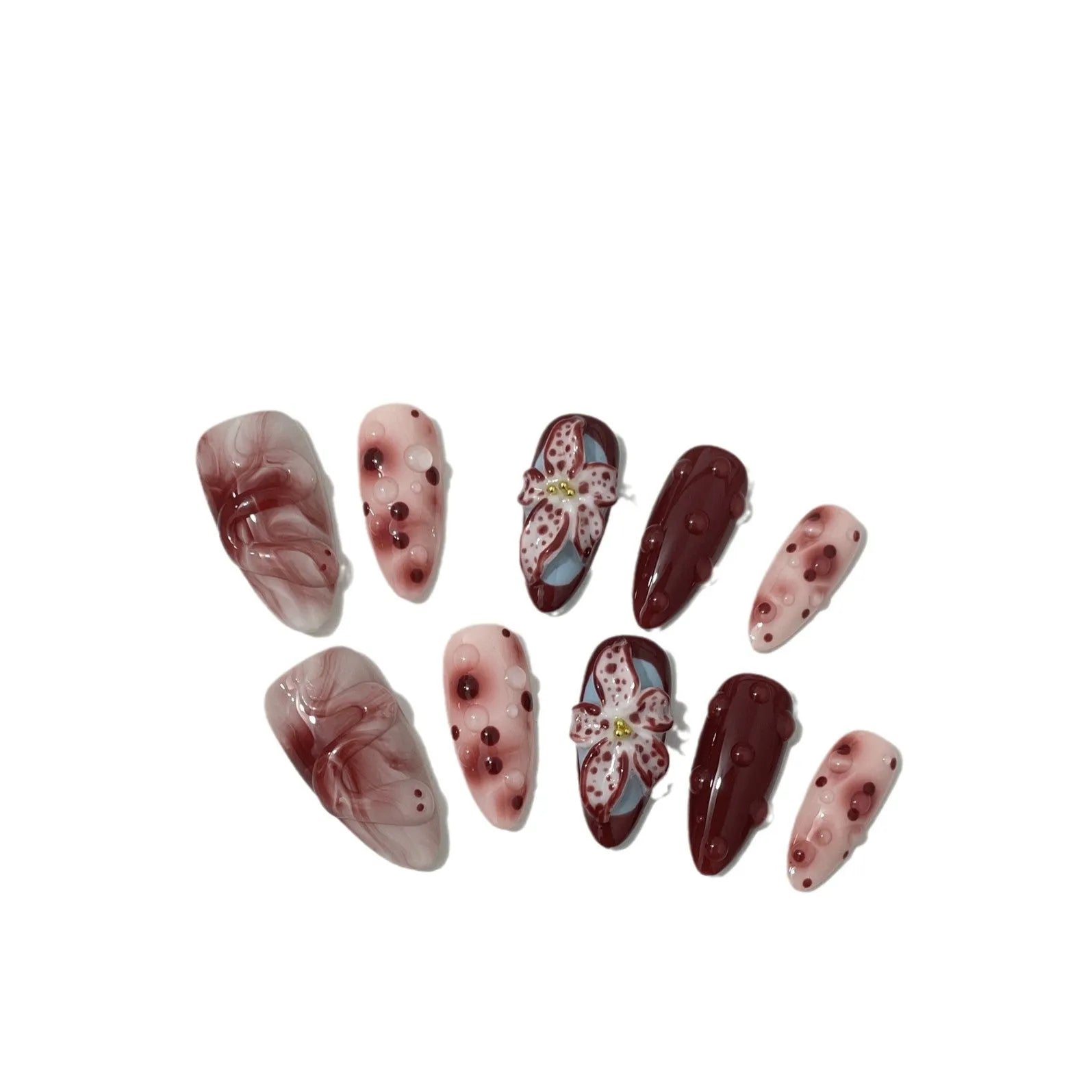 Hand-painted three-dimensional carved press-on nails in almond shape with rose, tulip, shell, bow, starry sky, butterfly, leopard print and XINGX patterns