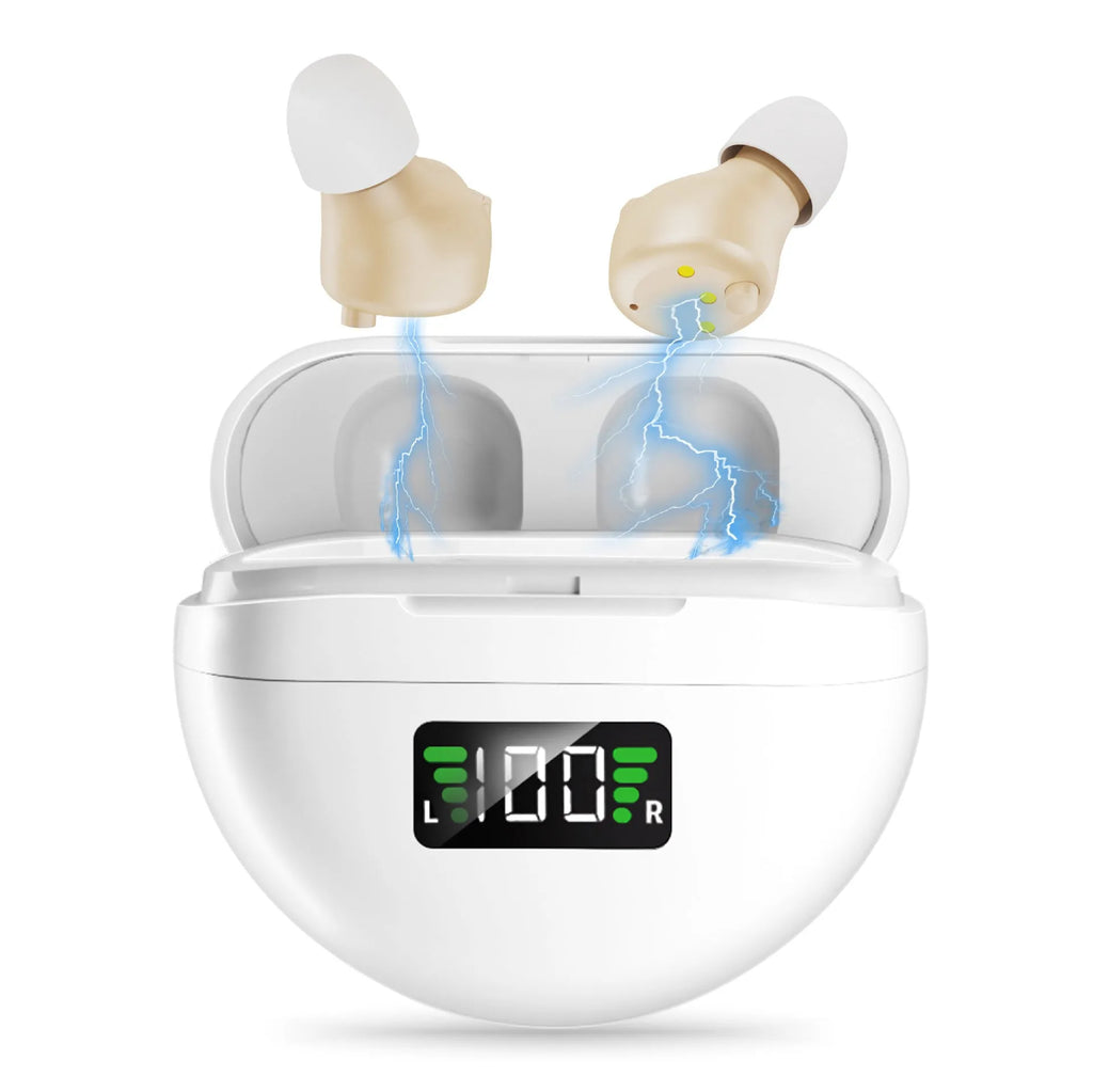 Red blue rechargeable hearing aid with digital display, over ear design, USB charging, 12+ hour battery