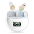 Red blue rechargeable hearing aid with digital display, over ear design, USB charging, 12+ hour battery
