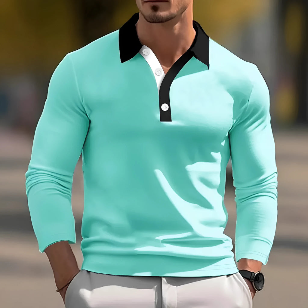 Men's loose fit long sleeve polo shirt in dark colour with button-up front and pullover design