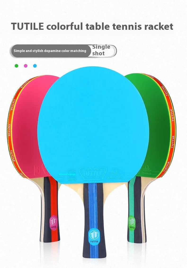 Colourful pure wood table tennis racket with high elasticity rubber and matching carry bag in choice of pink, blue or green shakehand grip.