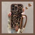 Brown leopard print silicone iPhone case with lanyard attachment for iPhone 11-16 Pro Max models