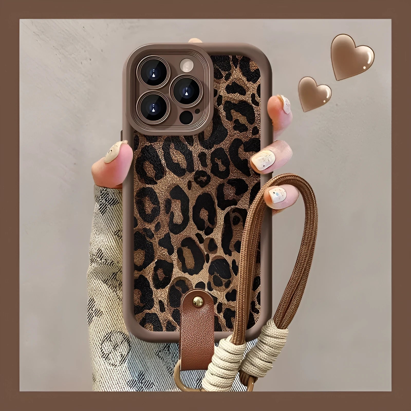 Brown leopard print silicone iPhone case with lanyard attachment for iPhone 11-16 Pro Max models