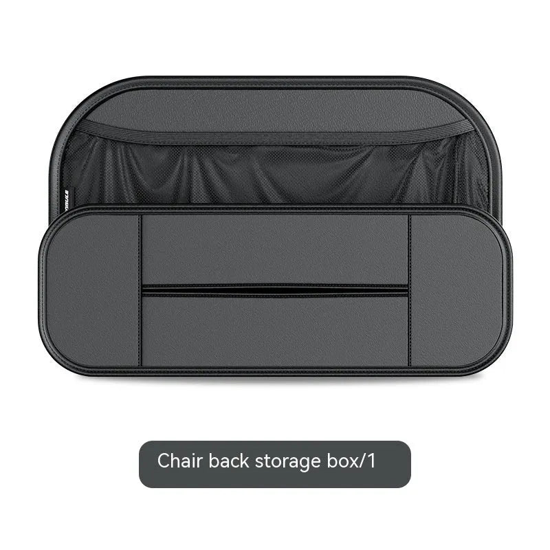 Black leather car seat storage bag with customisable compartments mounted on vehicle seatback