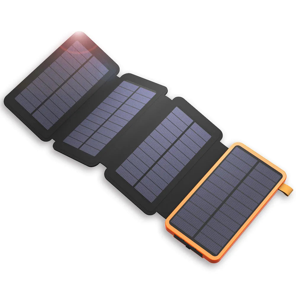 Black outdoor solar power bank with a solar panel, LED light, and soft leather texture, shown with a charging cable.