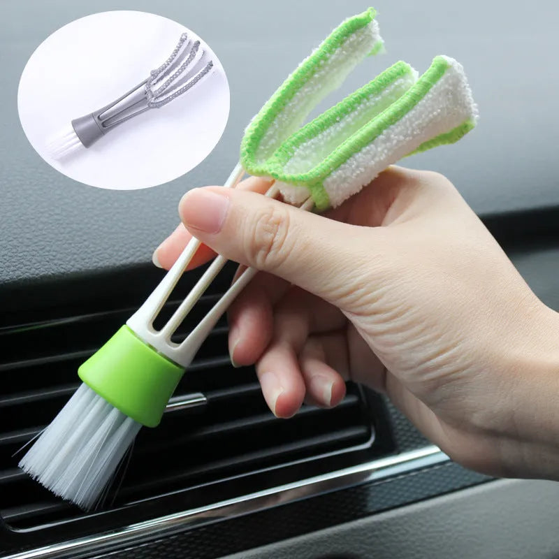 Multi functional double head gap brush for air conditioner slatted vent cleaning with green handle and superfine fibre bristles on white background