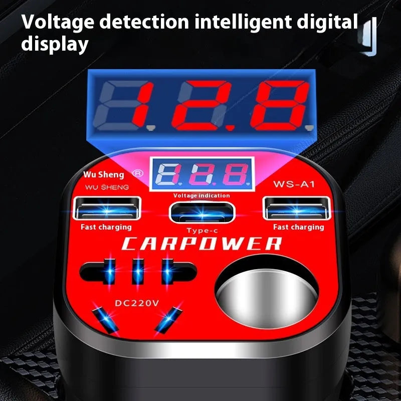 200W car inverter converting 12V/24V to 220V with USB, Type-C, and cigarette lighter expansion port