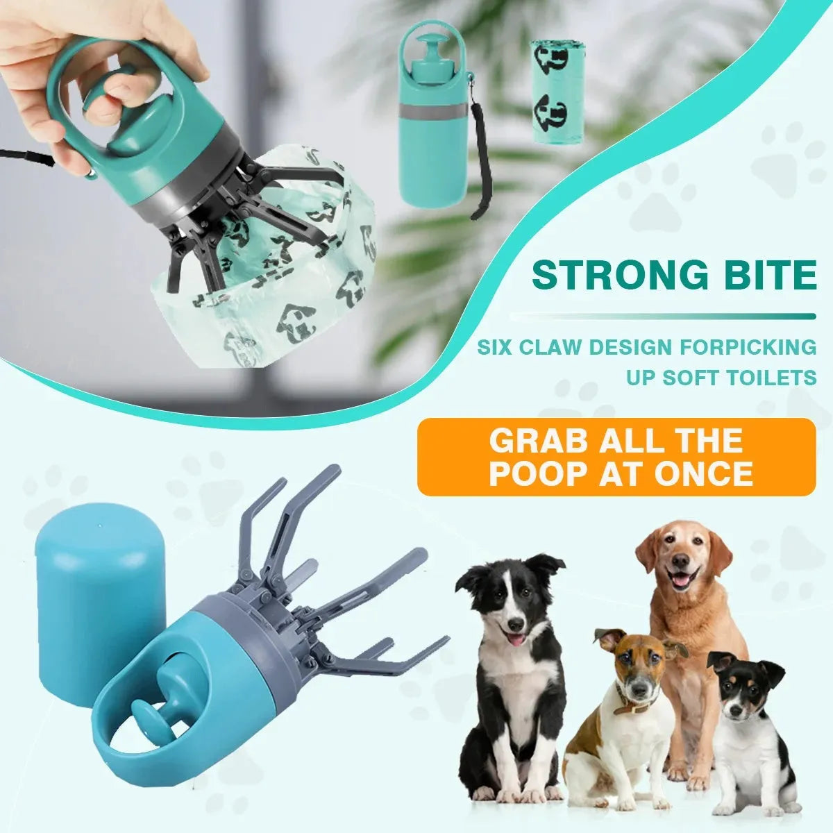 Blue portable pet pooper scooper with claw mechanism and built-in bag dispenser.