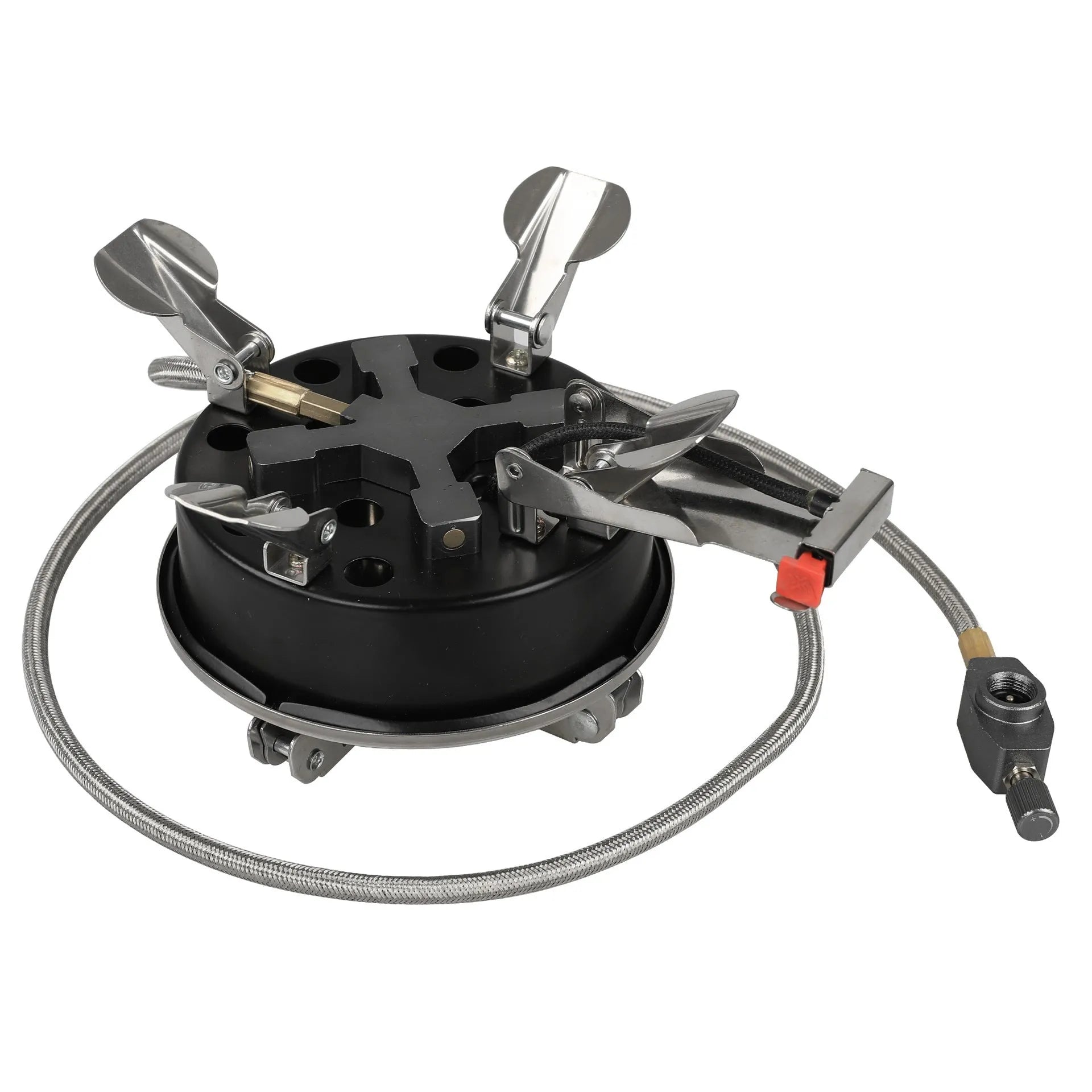 Silver portable split camping stove with fuel hose, shown folded to compact size for transport.