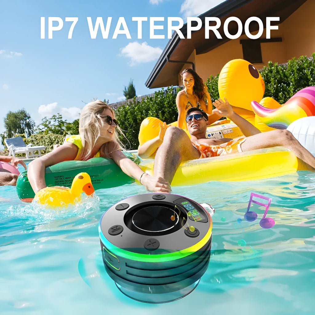 Waterproof Bluetooth speaker in black and sky blue with compact round design