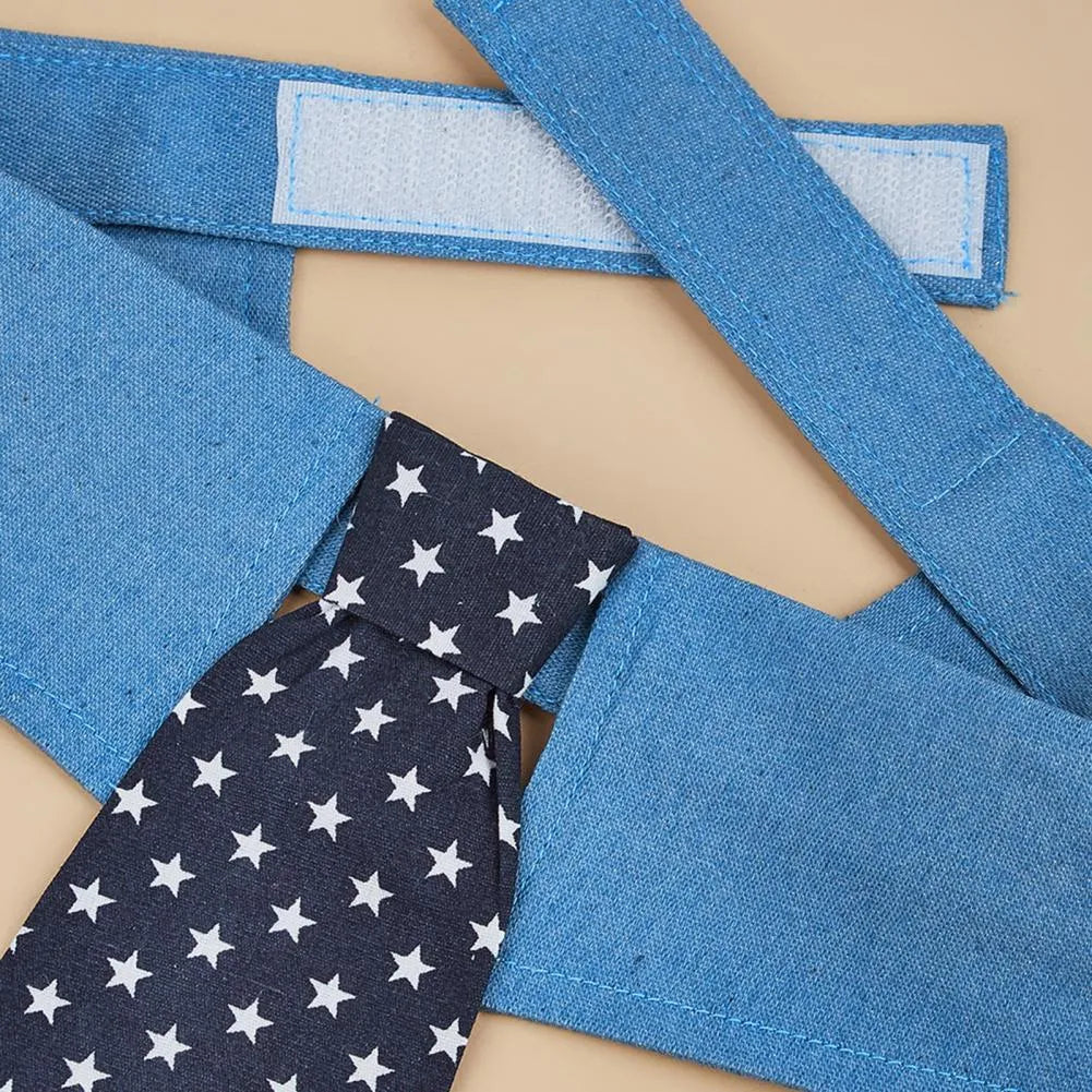 Denim pet collar with star pattern necktie on adjustable fastener tape for dogs