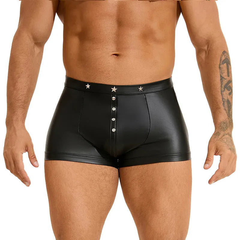 Men's black PU leather boxer shorts with pouch front design on mannequin