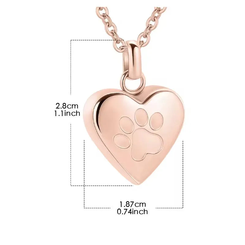 Simple titanium steel heart pendant necklace with paw print detail, a cinerary casket that opens.