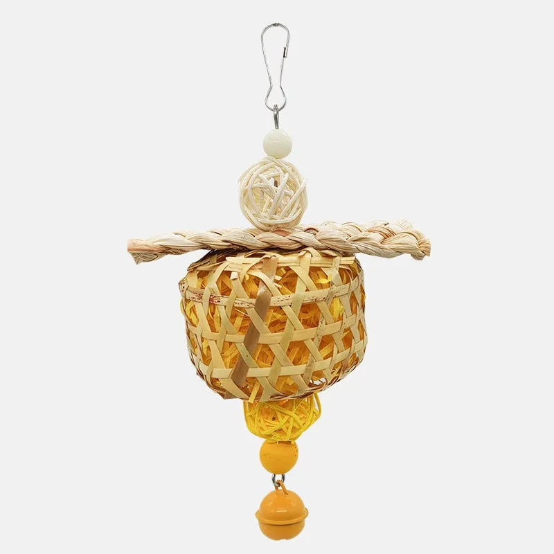 Parrot toy small fat ball bamboo corn husk woven pendant green yellow cage accessory