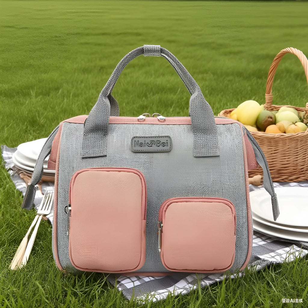 Grey waterproof Oxford cloth women's handbag with three-dimensional pocket and organised interior compartments.