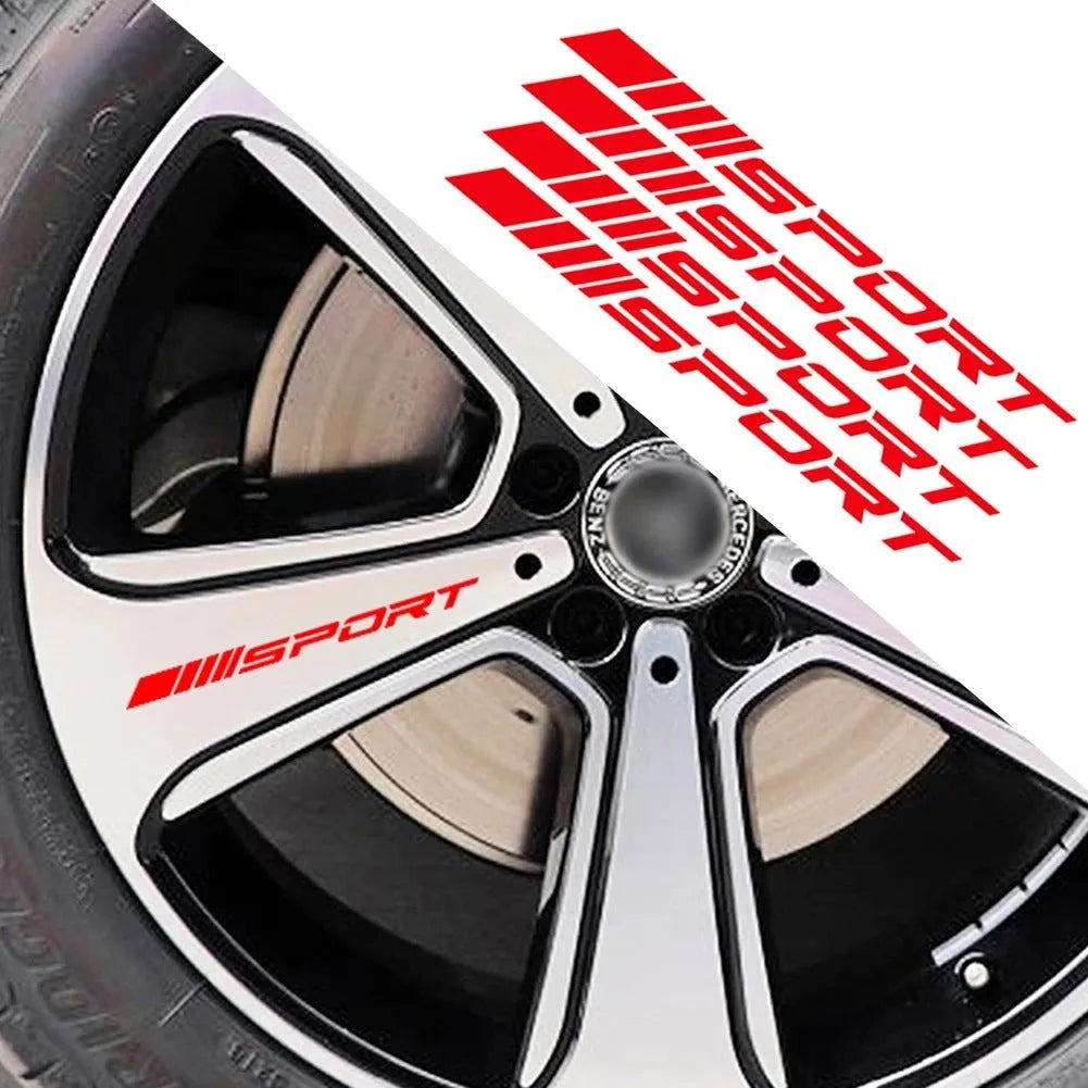 Sports mode hollow design car rim sticker in red colour, shown at 10cm by 0.7cm size.